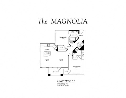 Floor plan for 2 beds, 2 baths, 1156 sqft